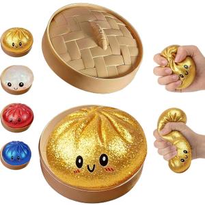 Glitter Dumpling Squishy Box, Dumpling Squishies, Sensory Squeeze Toy for Stress Relief, Soft Decompression Dough for Adults Office and Home Use (Gold Powder Emoji bun)