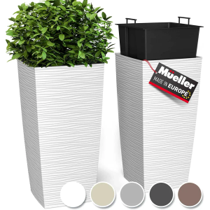 Mueller M-Resin Heavy Duty Tall Planter, Indoor/Outdoor Grande Plant, Tree, Flower Pot, 2-Piece Set, 27.5”, Modern Design, Built-in Drainage, White