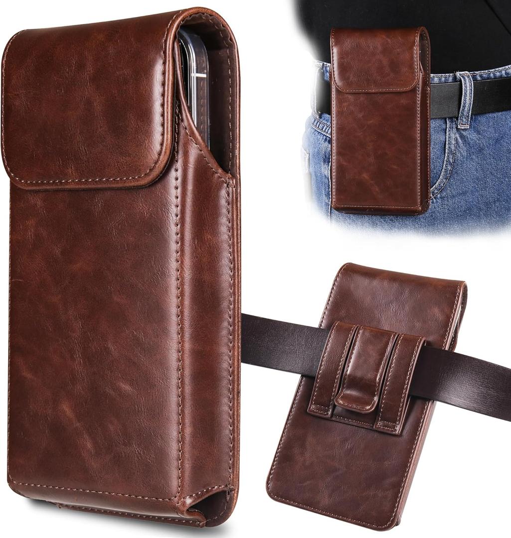 Holster for iPhone 17, 17 Pro, 16, 16 Pro, 15, 15 Pro, 14, 14 Pro, 13, 13 Pro, 12, Galaxy S25, S24, S23, Premium Leather Pouch with Belt Clip Phone Holster Belt Case, Coffee -M