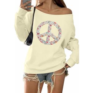 MYHALF Off the Shoulder Sweatshirt for Women Y2K Bow Graphic Pullover Tops Drop Shoulder Long Sleeve Cute Sweaters, Medium