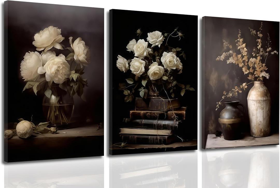 CCZ Vintage Moody Flower Wall Art Dark Floral Canvas Rustic Wall decor Black Botanical Farmhouse Painting Picture Dark Academia Poster Still Life Vase Book Rose Prints Artwork for Living Room Bedroom, 24"L x 16"W-Wrapped Canvas