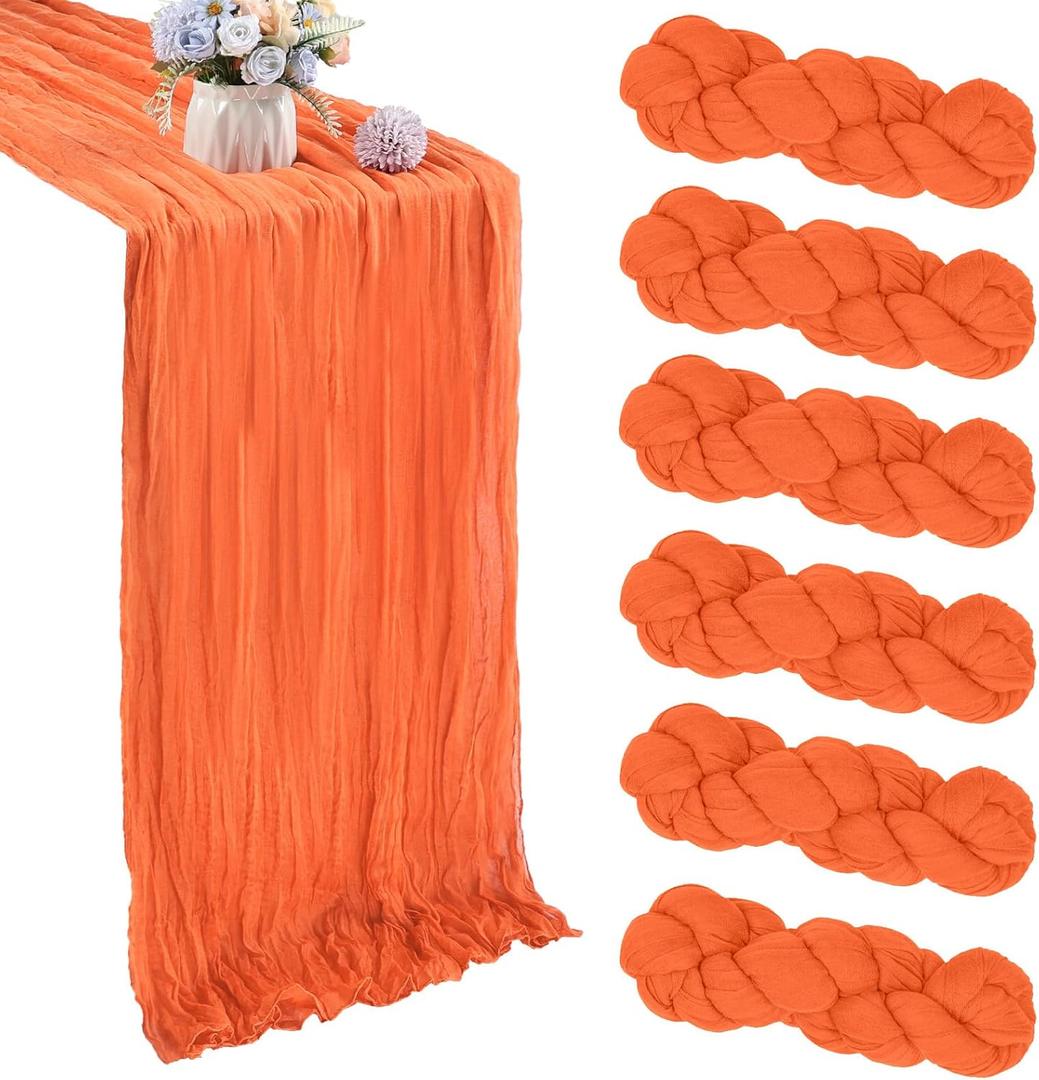 6 Pack Orange Table Runner Cheesecloth Table Runner 35x120 Inch Gauze Rustic Boho 10FT Cheese Cloth for Spring Wedding Decor Birthday Party Holiday Baby Shower Decoration
