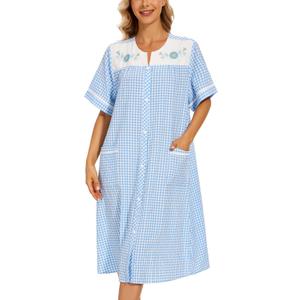YOZLY House Dress Womens Embroidered Housecoat Short Sleeve Duster Robe with Pockets Plaid Blue, XXX-Large
