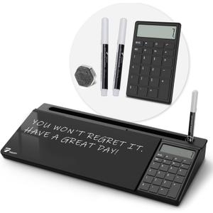 TOWON Desktop Glass Whiteboard with Basic Calculator, 12 Digit LCD Display, Desk Organizers with Accessories for Office, Home, School Supplies, Storage with Dry Erase Board Surface, Black, 17'' x 6''
