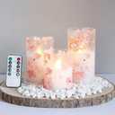 Flameless Flickering Glass Candles with Remote and Timer,Cherry Blossoms LED Battery Operated Real Wax Set of 3 Realistic Wick Electric Pillar Candles,Warm Fire(3 x 4, 5, 6 Inches) (Pink)