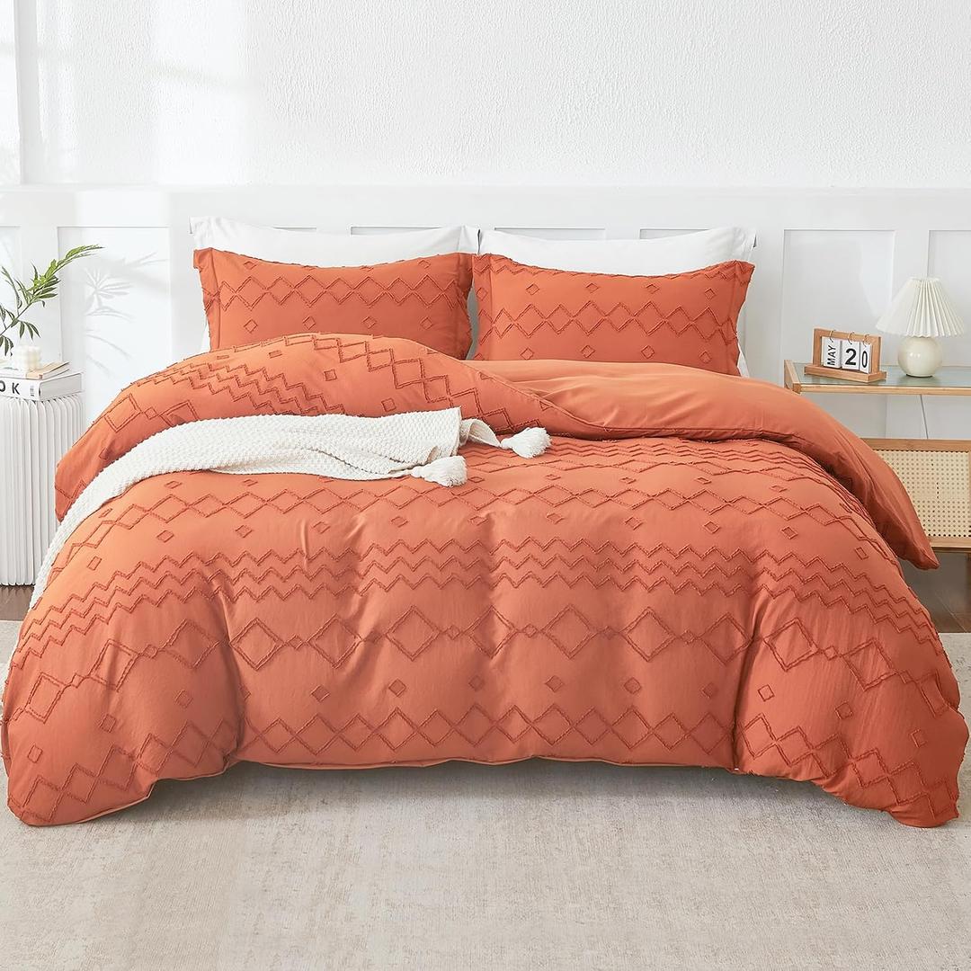 2 x EMME Boho Duvet Cover Twin Size Pumpkin - 2 Pieces Soft & Breathable Tufted Boho Shabby Chic Embroidery Bedding Set for All Seasons, 1 Duvet Cover with 1 Pillow Shams & Zipper Closure (Pumpkin, Twin)