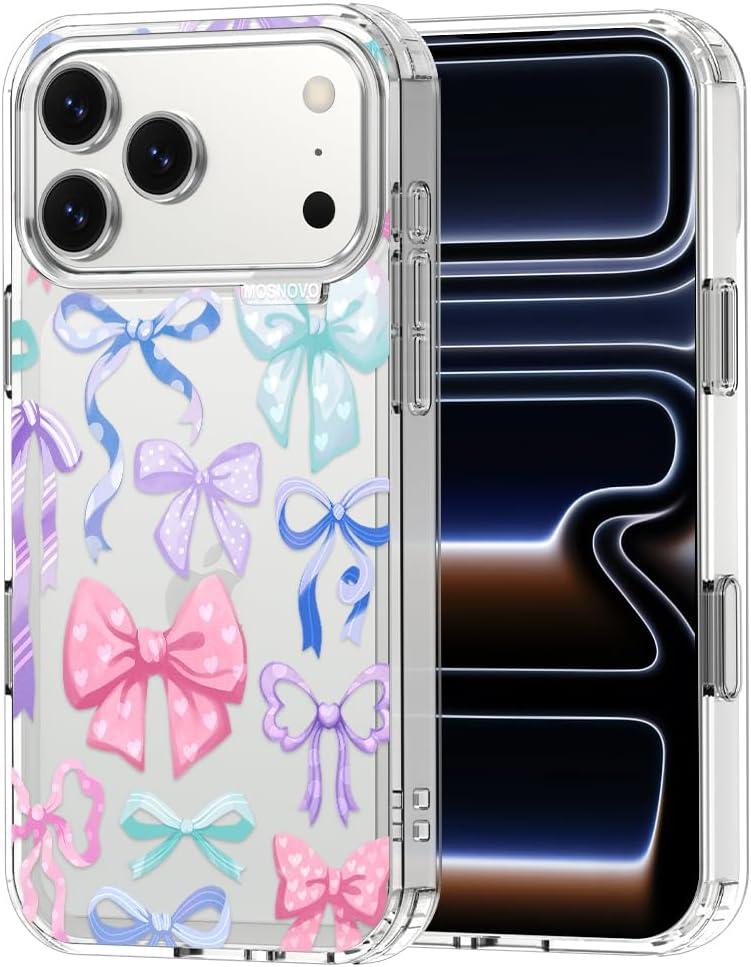 MOSNOVO for iPhone 17 Pro Max Case | Military Grade 6.6ft Drop Tested | Camera Control | Clear with Bows Design