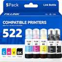 T522 522 Ink High Capacity 522 Ink Refill 5 Bottles Compatible for Ecotank ET-2800 ET-2400 ET-2803 ET-2720 ET-4700 ET-4810 ET-4800 2BK,1C,1M,1Y-5pk