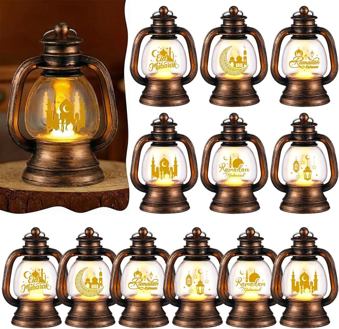 ROCEEI 12 Pcs Ramadan Eid Lantern Mini Bronze Gold Lanterns Decorative with LED Candles Small Eid Mubarak Decor Vintage Hanging Lantern Lights for Home Table Centerpiece Party Gift