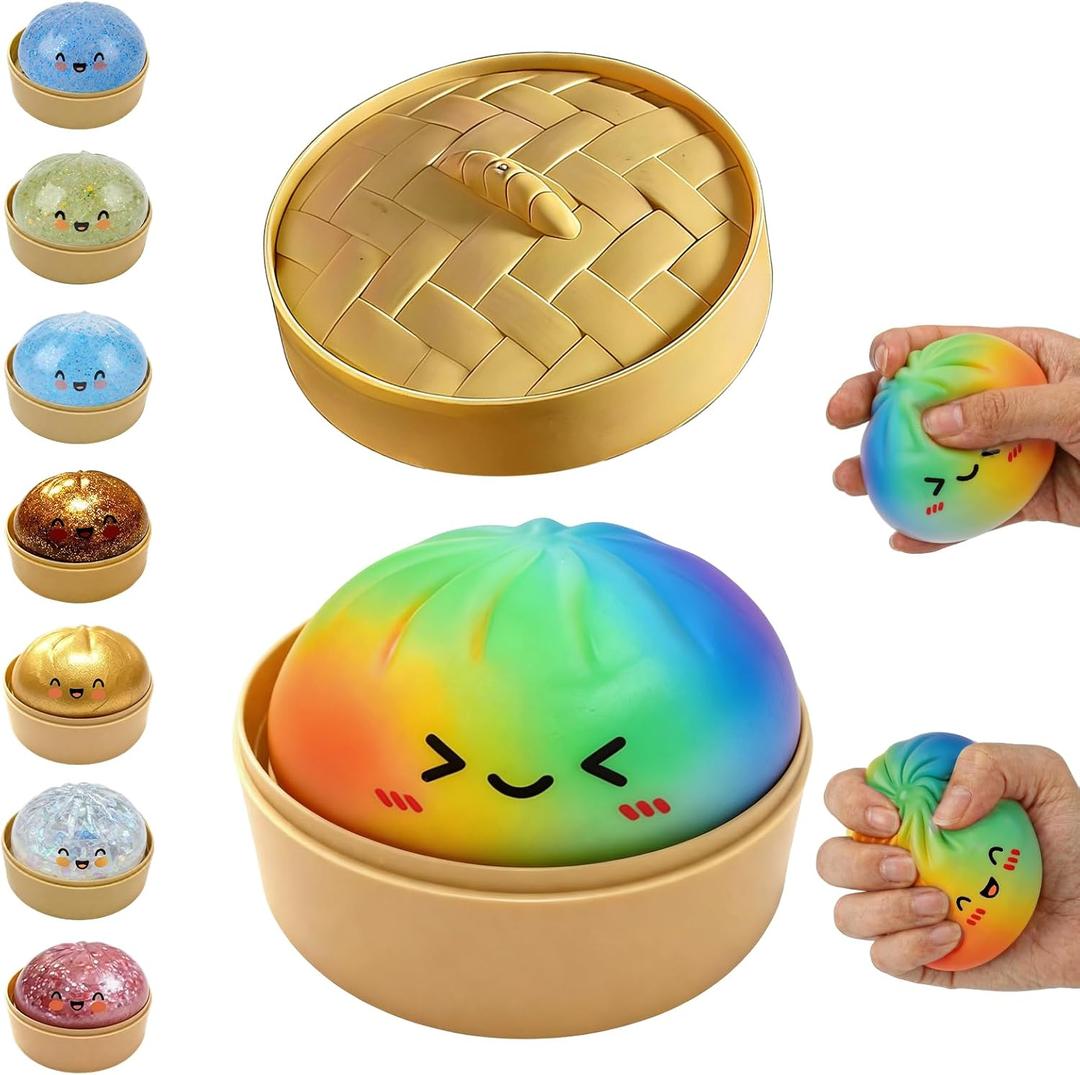 Dumpling Squeeze,Shiny Dumpling Shaped Squishy Toy, Dumplings Glitter Mystery Box,Colorful Sensory Toys Stress Relief Ball,Jumbo Squishy Toy,Soft Squeeze Decompression Dough with Food Steamer (Colour)