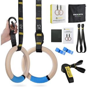 PACEARTH Gymnastics Rings 32mm Wooden Olympic Rings Support 1500lbs Locked Carabiners 9ft Double-Layer Numbered Straps Non-Slip Gym Rings with Foot Straps Door Anchor for Home Gym Full Body Workout