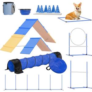 FetchFlow Dog Agility Training Equipment  Complete Backyard Agility Course Set w/Adjustable A-Frame Ladder, Weave Poles, Cones, Jump Hoop, Tunnel & Sandbags  Outdoor Dog Playground Kit