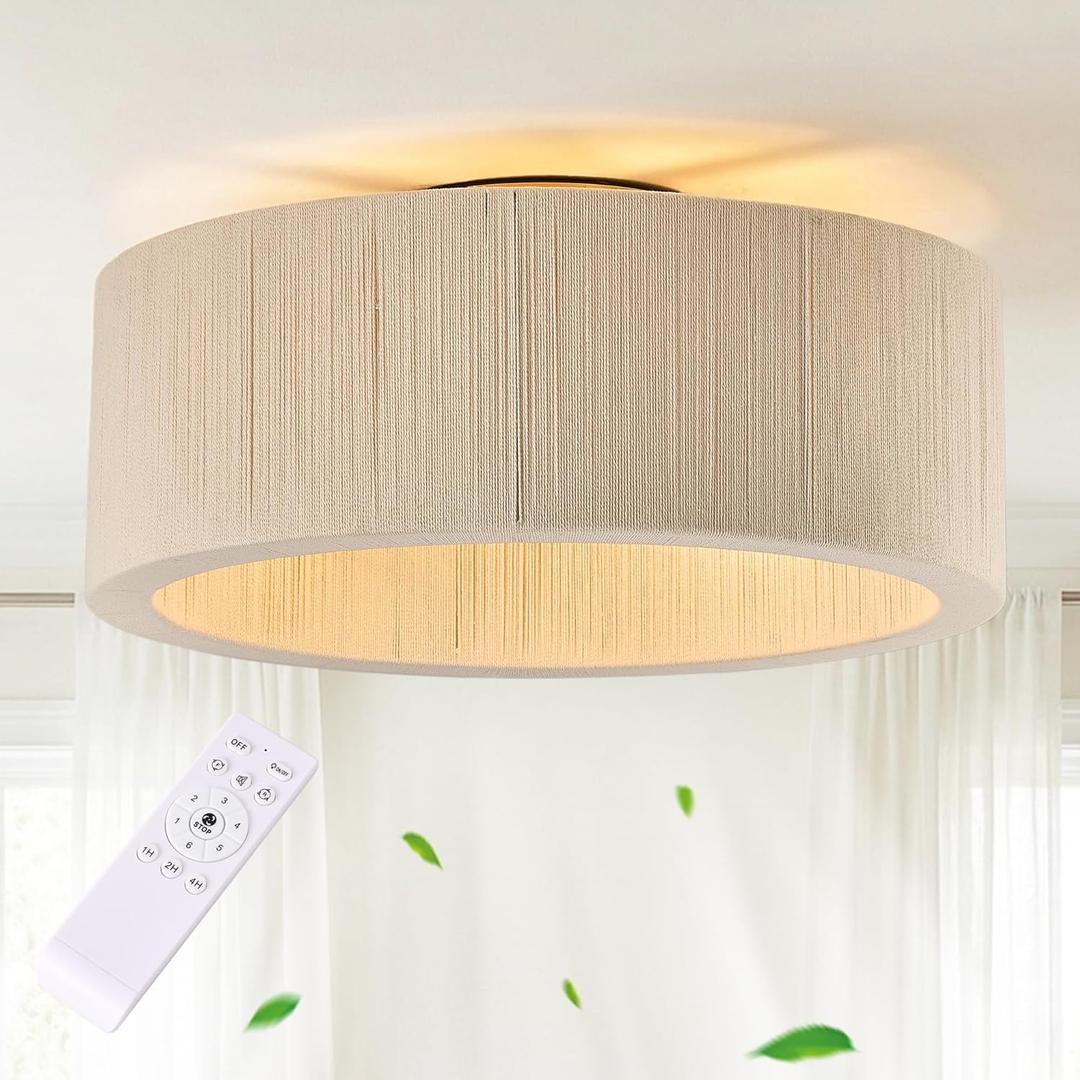 Boho Ceiling Fan with Light and Remote,Rattan Fandelier Ceiling Fan with Light Flush Mount Woven Farmhouse Caged Enclosed 6 Speeds Ceiling Fans for Bedroom Living Room Kitchen (White)