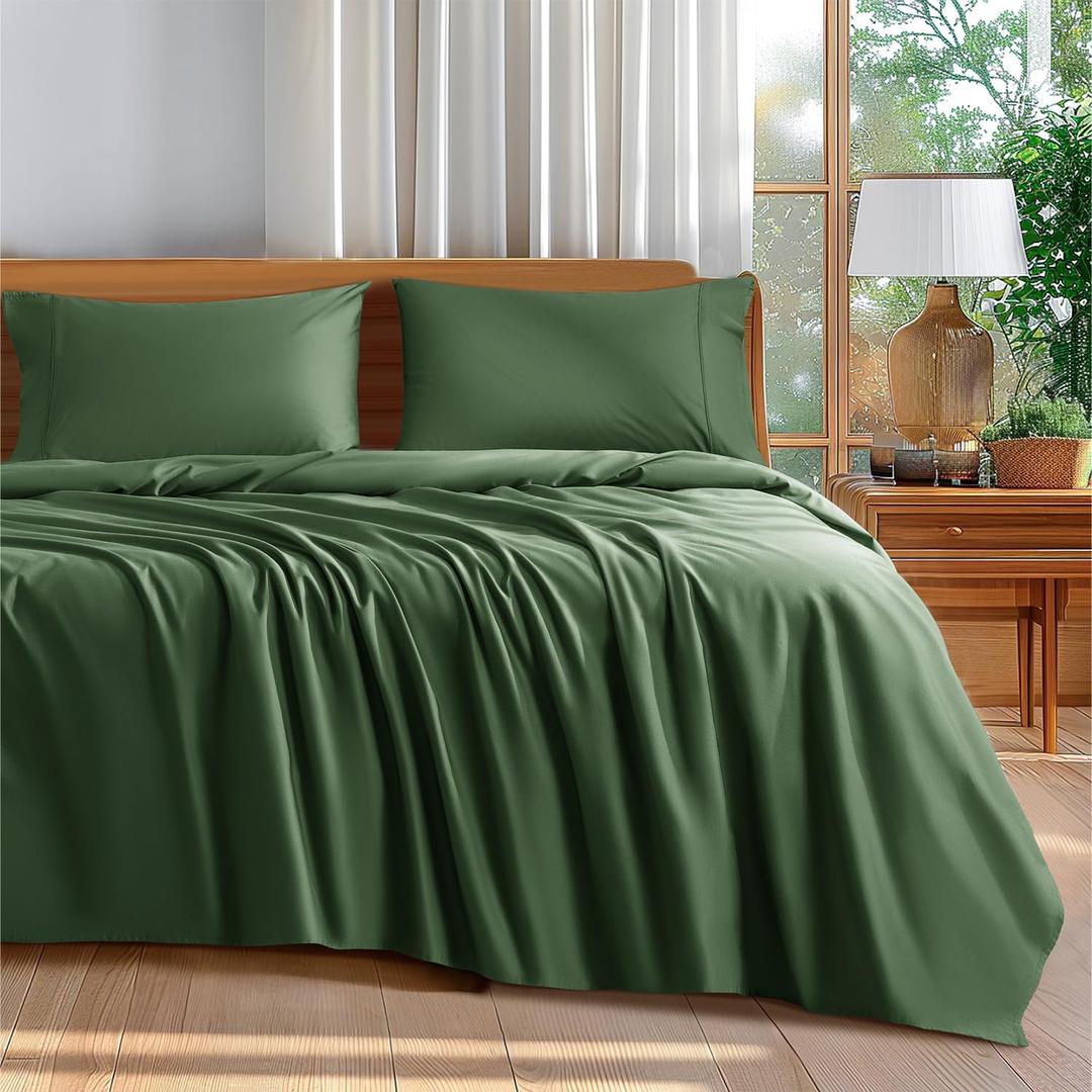 Shilucheng 100% Cotton King Size Sheets Set - 600 Thread CountLuxury Egyptian Cotton Bed Sheets5-Star Hotel Quality Sheets, Breathable & Cooling, 16 Inch Deep Pocket - 4 Piece (Olive, King)