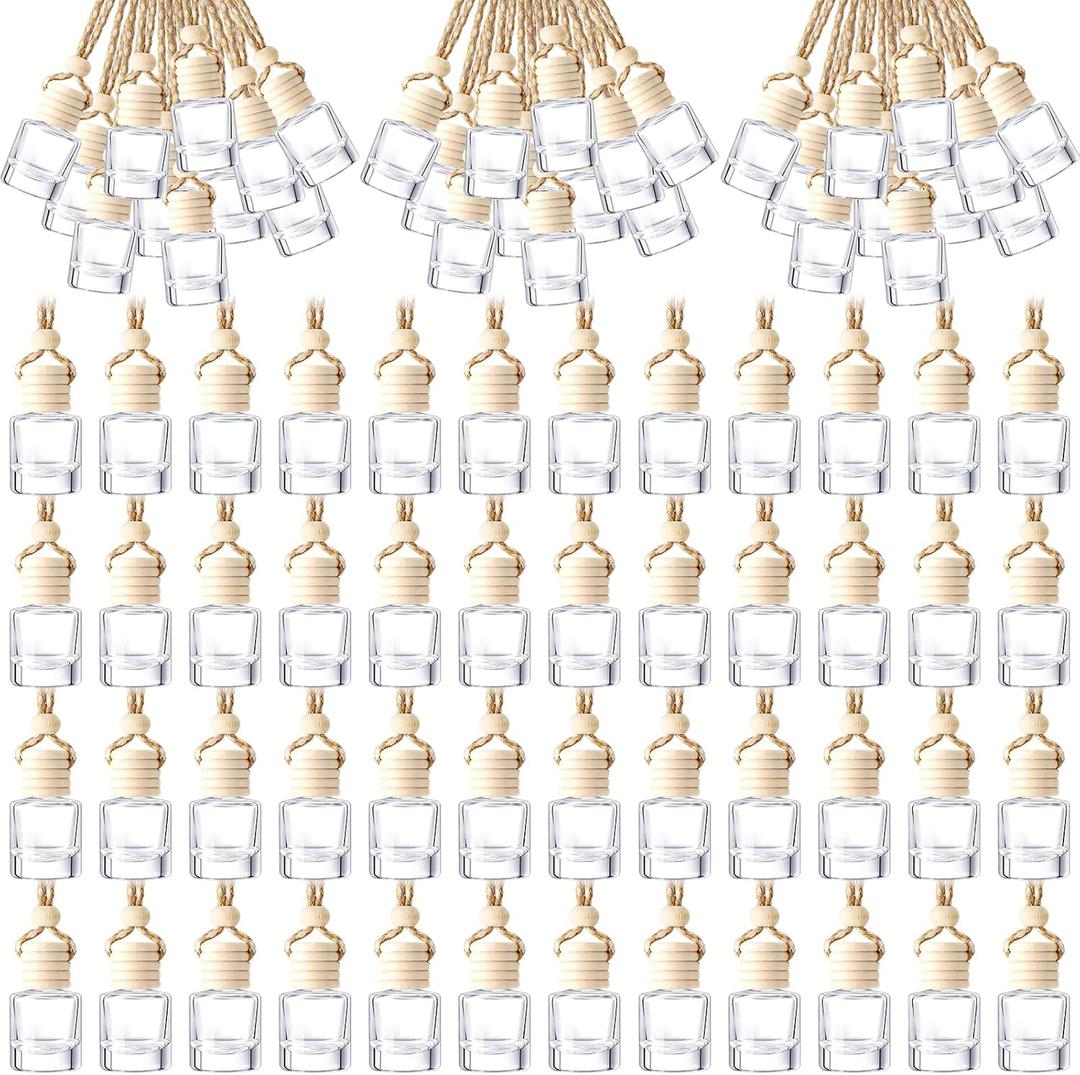 BBTO 200 Pcs Hanging Car Diffuser Bottles Bulk, Empty Clear Glass Air Freshener Bottles with Wooden Cap for Perfume Essential Oils Fragrance Aromatherapy Ornament(Cylinder)