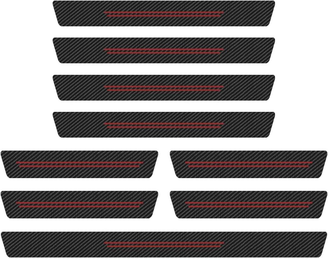 Car Door Sill Protector, Carbon Fiber Door Threshold Strip Sticker, Anti-Scratch Waterproof Doors Entry Edge Guard, Universal Auto Exterior Decoration Accessories for Car SUV Truck (Red-9PCS)