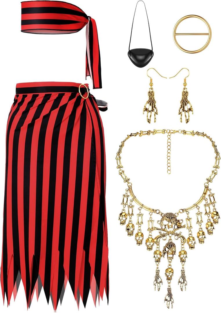 Fourluoo 5 Pcs Pirate Costume Accessories Set Women Pirate Skirt Head Scarf Hat Eye Patch Skull Jewelry for Cosplay Outfit(Red and Black Stripes,L)