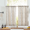 jinchan Boho Kitchen Curtains Linen Tier Curtains 24 Inches Bohemian Cafe Small Drapes Striped Mudcloth Farmhouse for Bathroom RV Camper Light Filtering Rod Pocket 2 Panels Black on Beige 24×26"