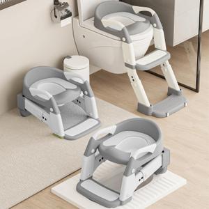 3-in-1 Toddler Potty Training Toilet Seat with Foldable Ladder  Adjustable Toddler Toilet Seat for Boys & Girls with Soft Cushion, Ergonomic Backrest, Non-Slip Pedal and Safety Grips (White & Gray)