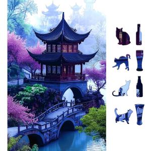 Garden Pavilion 500 Piece Puzzle for Adults Serene Misty Tower Landscape with Cherry Blossoms & Stone Arch Bridge Jigsaw Puzzle Fun Family Puzzles Gift for Adults Seniors 15"x23"