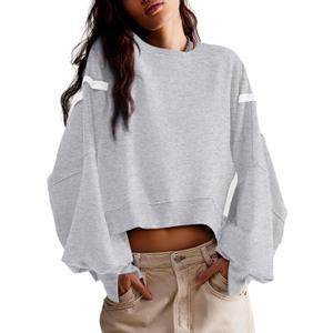 Zwurew Womens Casual Sweatshirt Long Sleeve Tops Crewneck Loose Fit Tee Pullover Crop Tshirt Side Slit Fall Fashion 2024 (Small, Light Grey)