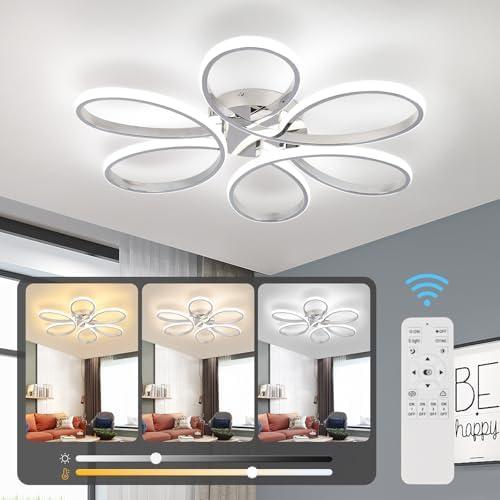 HLILCEH 26inch Modern LED Ceiling Light, 6 Rings Flower Flush Mount Light Fixture with Remote Control Chrome Dimmable Ceiling Lamp for Living Room, Bedroom, Dining Room, Hallway, Kitchen