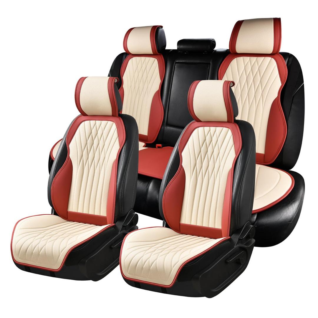 BWTJF Car Seat Covers, Front and Rear Seat Protector for Cars Waterproof Non-Slip, Leather Seat Protector Universal Fit for Suvs,Vans,Trucks (WineRed&Black, Full Set)