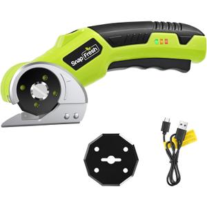 SnapFresh 4V Cordless Electric Scissors-Rechargeable Rotary Box Cutter w/ 2.0Ah Battery, 2 Self-Sharpening Blades, LED Light & Safety Lock,Carpet Cutter Tool for Cardboard, Fabric, Leather, Plastic