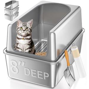 XXL All Stainless Steel Sifting Litter Box with Lid,Sifting Cat Litter Box for Wood Pine Pellets,16''High Sides Sifter Litter Pan System,Odor Control,Easy to Clean,with Liners and Scoop