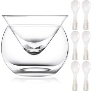 Sabary Glass Caviar Chiller Server Set Plus 5 Pcs 3.2 Inch Mother of Pearl Round Handle Spoons Caviar Serving Set Universal Martini, Wine, Liquor Cocktail Ice Cream Chiller Dishwasher Safe