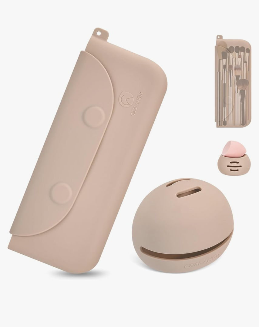 Silicone Makeup Brush Holder And Beauty Sponge Case, Travel Makeup Brush Case With Magnetic Closure, Makeup Sponge Holder 2 In 1 Stand Storage For Quick Drying Khaki