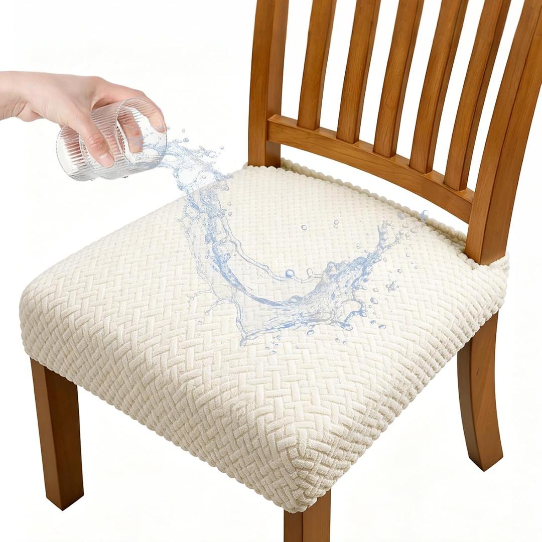 Dioxide Waterproof Seat Covers for Dining Room Chairs, Stretch Chair Covers Slipcover Protector Kitchen Chair Seat Covers for Hotel Banquet Party (Rear-Gapped,Off-White, 4PCS)