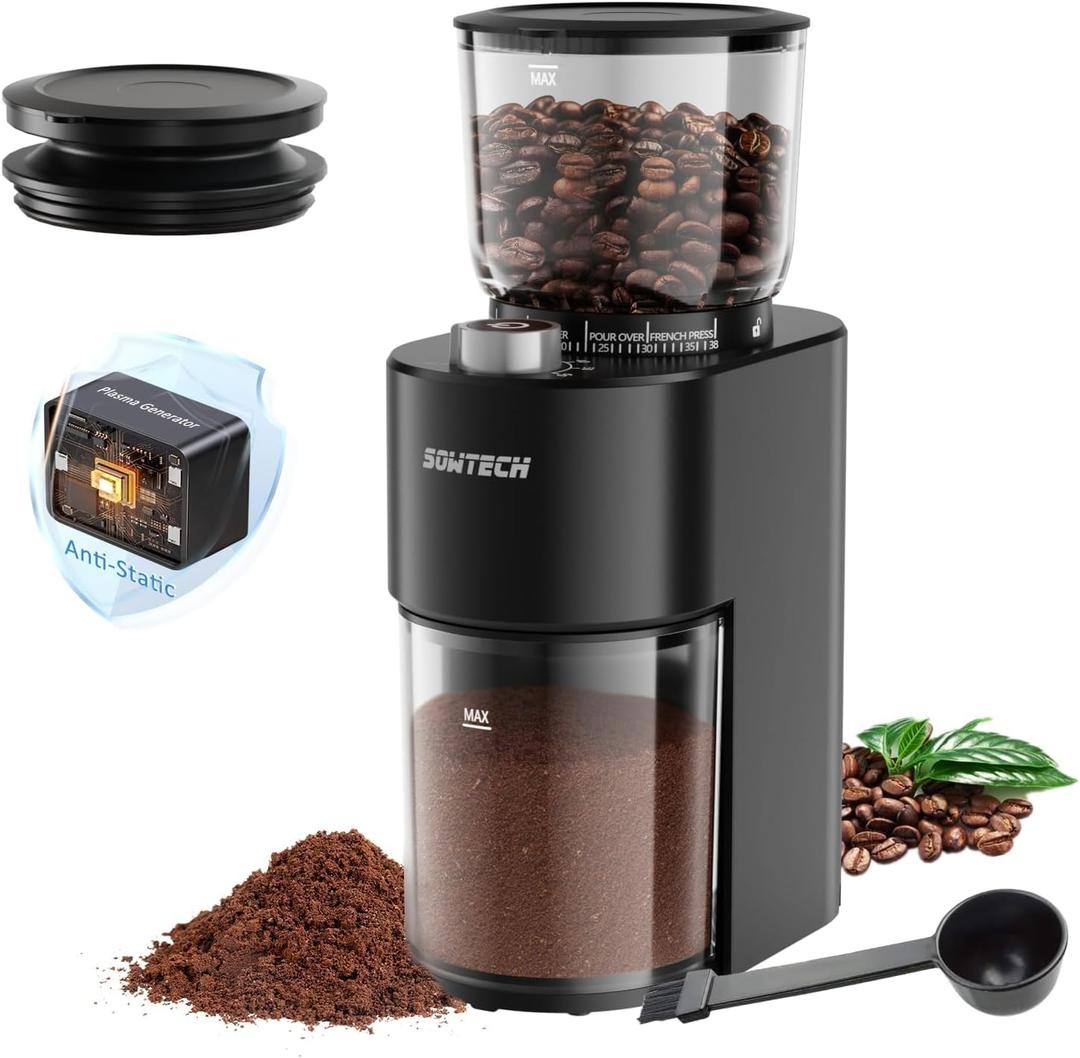 Anti-static Conical Burr Coffee Grinder, Adjustable Electric Mill, 38 Precise Grind Settings, Precision Timer, for Espresso, Drip and French Press, Black