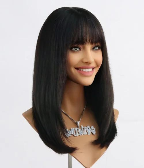 Black with Bangs Wigs for Women Long Black Wig with Bangs Synthetic Wig
