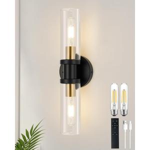 Rayogale Rechargeable Battery Operated Wall Sconce, 8000mAh Cordless Wall Light with Dimmable, Timer Function, 3000K Warm White, Easy Install for Living Room, Bedroom, Black Gold, Bulbs Included