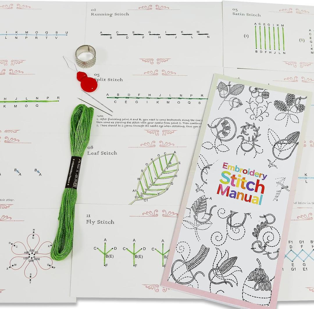 Perforated Embroidery Stitch Cards Kit for Beginners to Learn 12 Essential Stitches, Creative Hand Sewing Embroidery Guide Cardstock with Matched Needles Floss Manual Gifts for Home School Projects