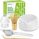 Matcha Whisk Set, Japanese Tea Set (5pcs) includes Matcha Bowl with Spout (19 oz), Bamboo Whisk and Matcha Scoop, Whisk Holder, Stainless Steel Sifter, Tea Making Tools, Matcha Kit