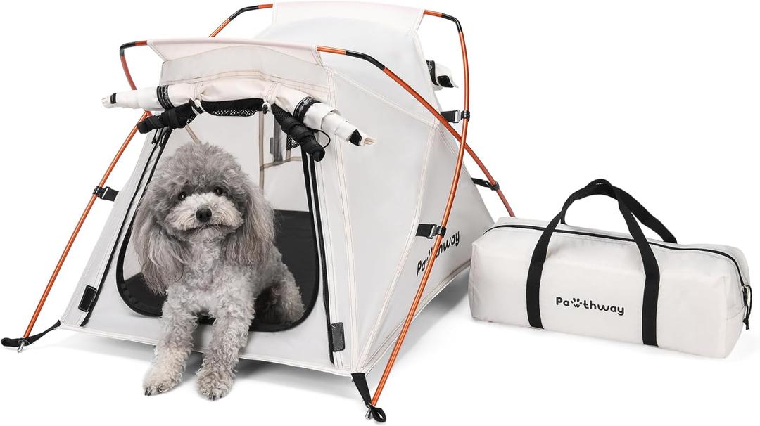 Dog Tent Cat Tent with Aluminum Poles and Camping Mat, Outdoor Waterproof Pet Tent with Zippered Mesh Door, Dog House, Cat House, Pet Playpen, Portable and Collapsible (White, Small)