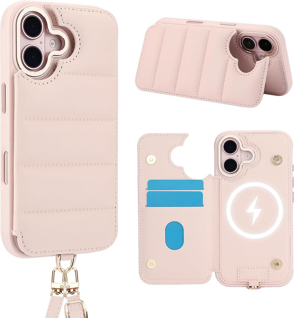 Crossbody Wallet Case for iPhone 16 with Strap,RFID Blocking Leather Flip Case for Women with Card Holder,Magnetic Purse Shockproof Cover with Kickstand,Lanyard,Pale Pink