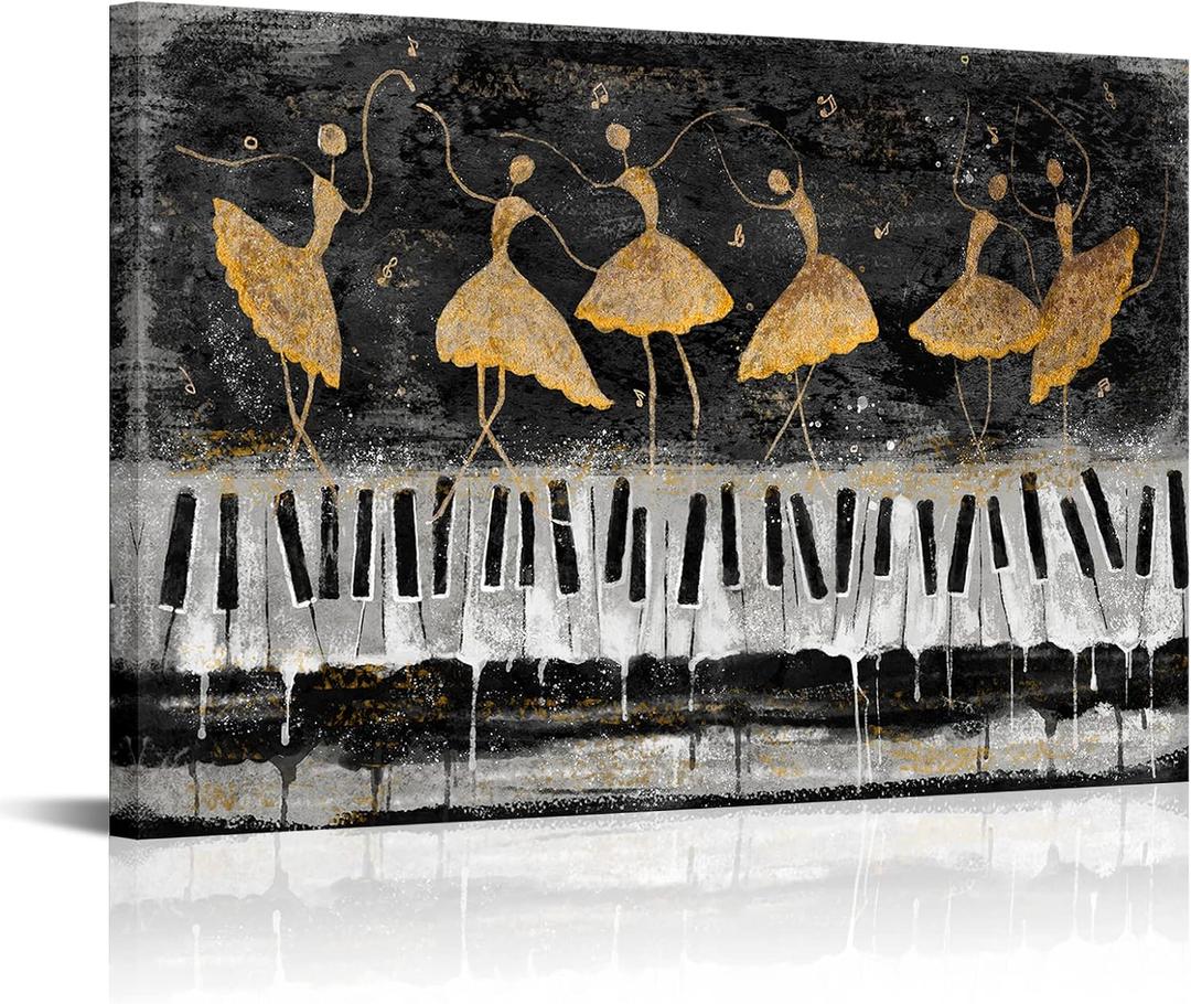 Conipit Music Theme Canvas Art Abstract Music Dancing Girl Picture Prints Black White Gold Piano Keys Artwork for Studio Instrument Shop Decor 24''x36'' Framed