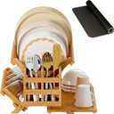 Greenual Bamboo Dish Drying Rack with Utensil Holder, 3 Tier Collapsible Dish Rack, Wooden Dish Racks for Kitchen Counter, Large Folding Drying Holder with Absorbent Dish Drying Mat