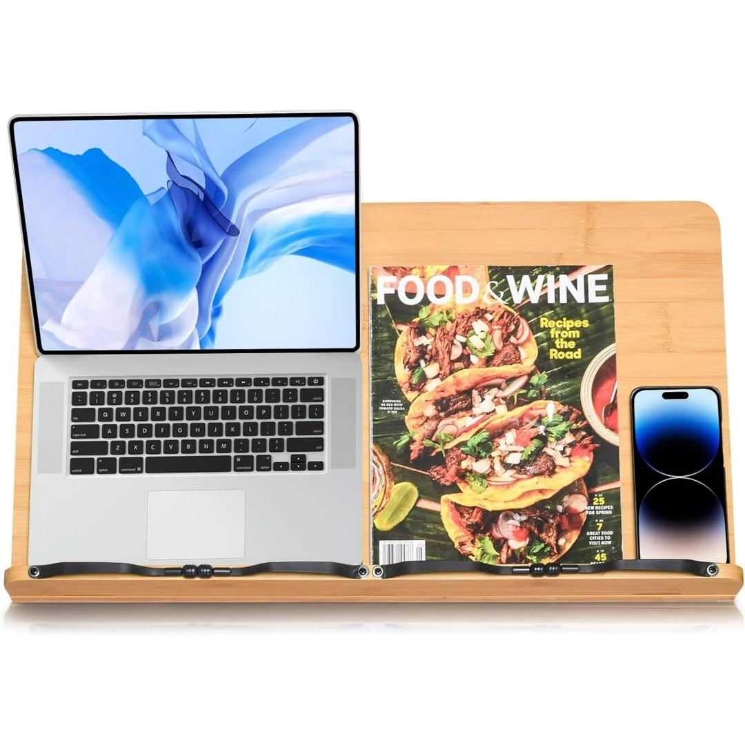 wishacc 24" Oversized Large Bamboo Book Stand & Holder for Reading Hands Free for Large Books in Bed,Cookbook,Textbook,Law,with 8 Adjustable Height Laptop Stand