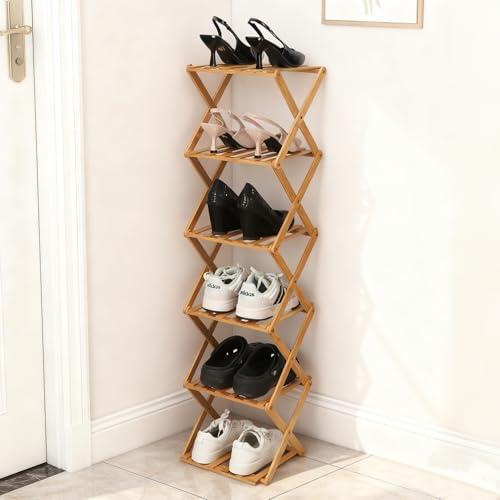 Fengzhizhu Bamboo Shoe Rack 6 Tier Foldable Shoe Rack Narrow Vertical Shoe Organizer Free Standing Shelf, Multifunctional Slim Storage for Entryway, Corner, Bedroom, Hallway, Wood Color