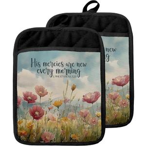 His Mercies are New Every Morning Christian Pot Holders with Pockets, Floral Bible Verse Religious Oven Pot Holders Heat Resistant Oven Mitts Hot Pads for Kitchen Baking Cooking