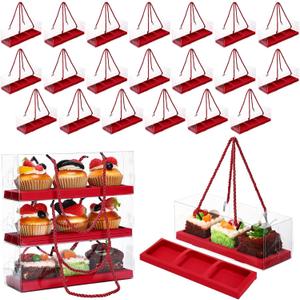 24 Pcs Clear Cupcake Boxes 9 x 3 x 3 Inch Portable Pastry Packaging Portable Gable Boxes with Rope Handle, Inserts 3 Compartments Bakery Take out Containers(Red)