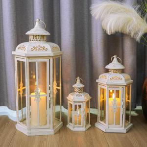 JHY DESIGN Set of 3 Decorative Candle Lanterns 20''&14"&10" H Outdoor Candle Lanterns Vintage Metal Cand leholder for Indoor Outdoor, Events, Parities and Weddings(White with Gold Brush)