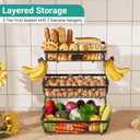 3 Tier Fruit Basket for Kitchen Counter with 2 Banana Hangers, Countertop Metal Fruit Bowl with Wooden Handle, Large Storage Stand for Vegetables, Snacks, Breads, Produce Storage Black
