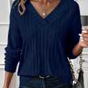 PRETTYGARDEN Fall Fashion 2026 Long Sleeve Shirts for Women Ribbed Knit V Neck Dressy Casual Lightweight Sweaters Tunic Tops (Blue, M)