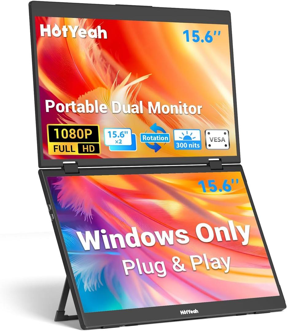 HotYeah Triple Laptop Screen Extender, 15.6" 1080P FHD IPS Folding Stacked Portable Dual Monitor, USB-C Travel Extended Computer Display w/VESA, 180 Rotation, Plug & Play (Windows Only)
