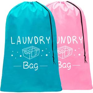 Sylfairy 2 Pack Extra Large Travel Laundry Bag, Dirty Clothes Organizer with Drawstring,Heavy Duty Travel Laundry Bags,Easy Fit a Laundry Hamper Travel Essentials (Pink+Blue, 24" x 36") + Pink Fabric